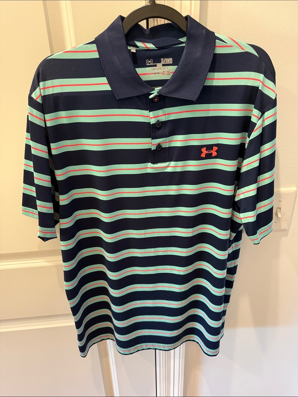 Under Armour Men’s Navy Polo with Mint & Coral Stripes